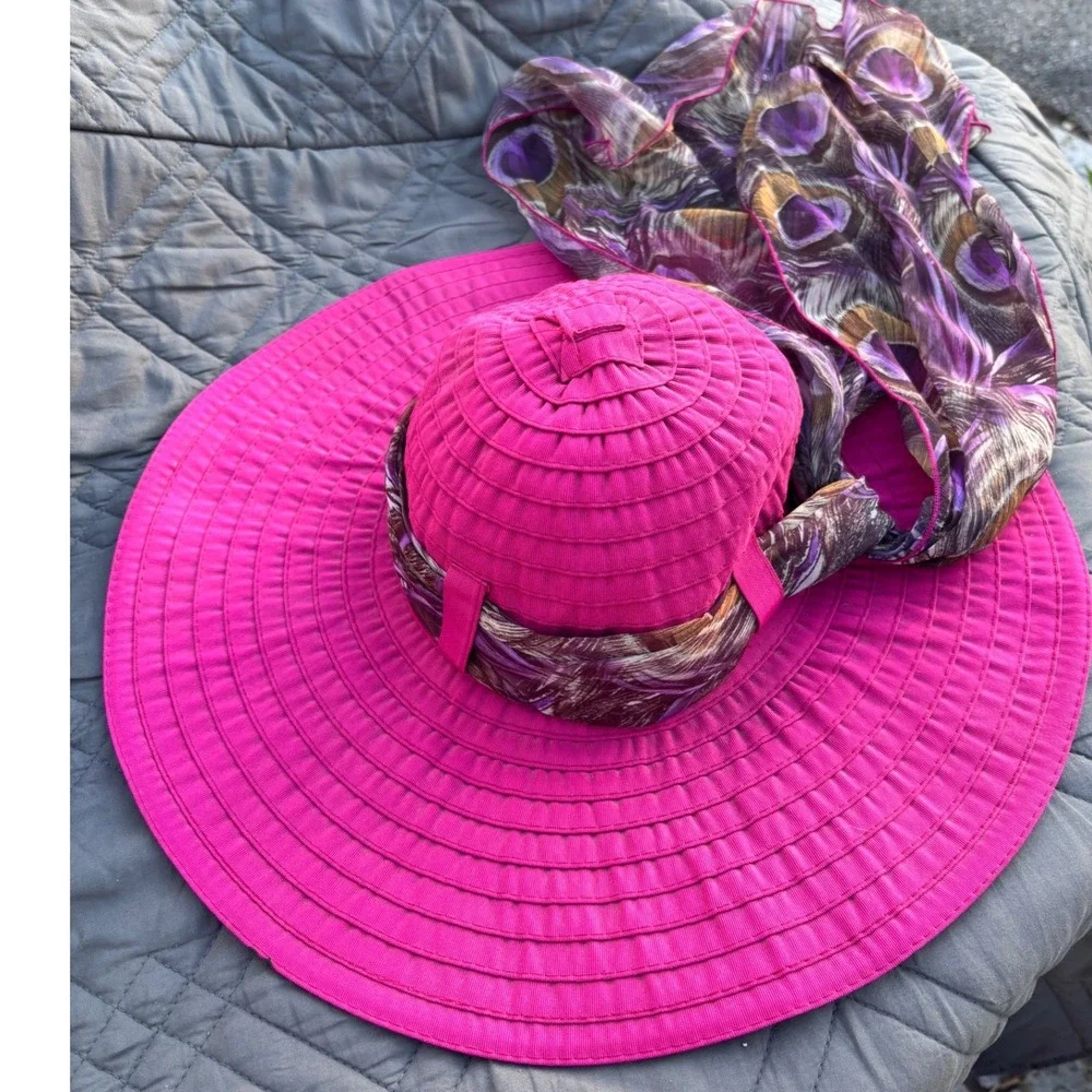 Wide Brim Grosgrain‎ Sun Hat Scala Fuchsia Pink Peacock Scarf